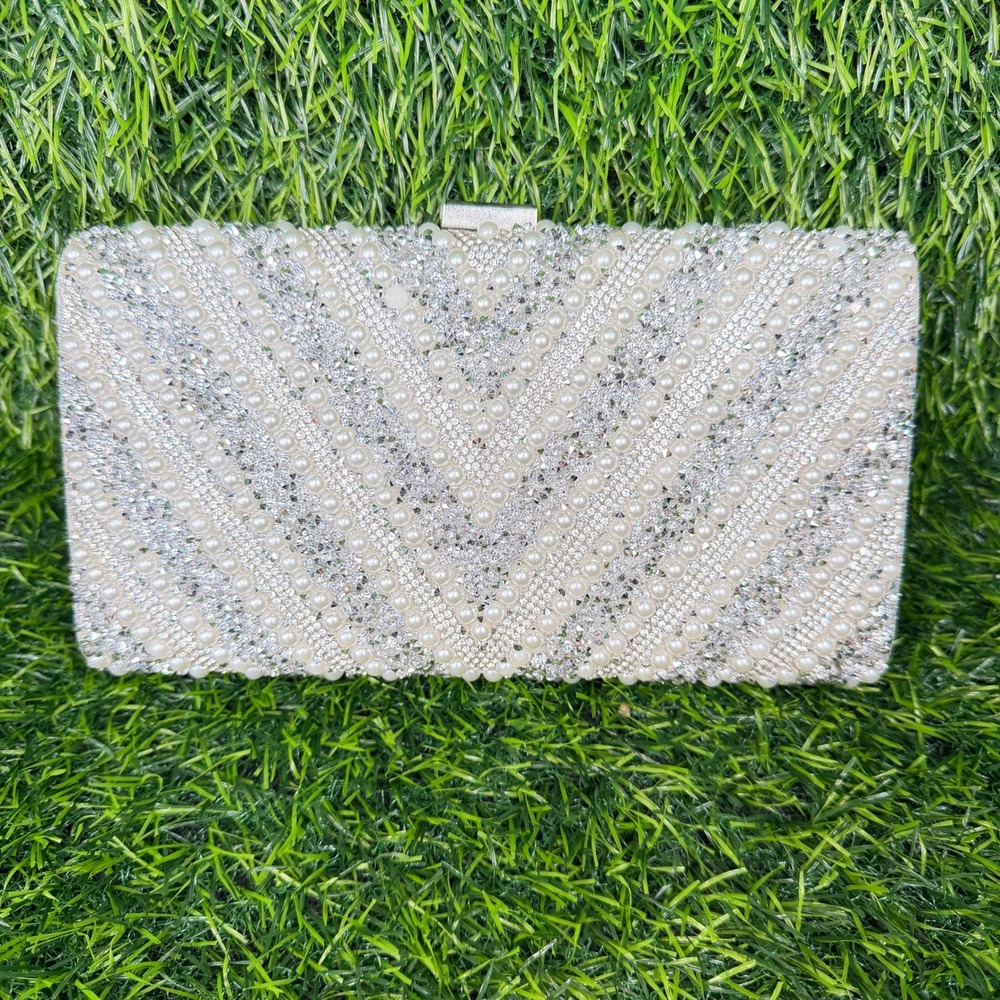 Evening Clutch Womens OS Silver Excellent Pearl Rhinestone Chevron Bag